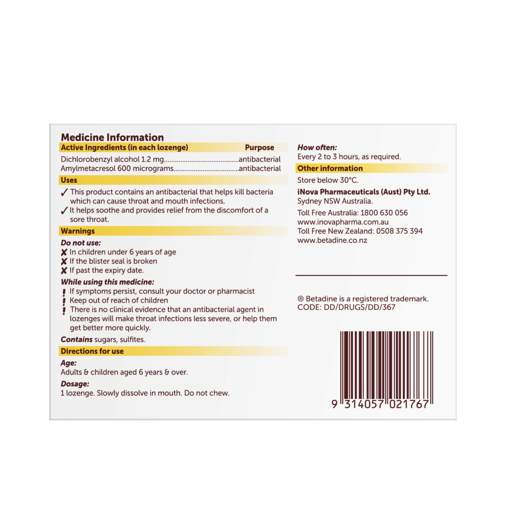 Betadine Sore Throat Lozenges Honey & Lemon 16 Pack