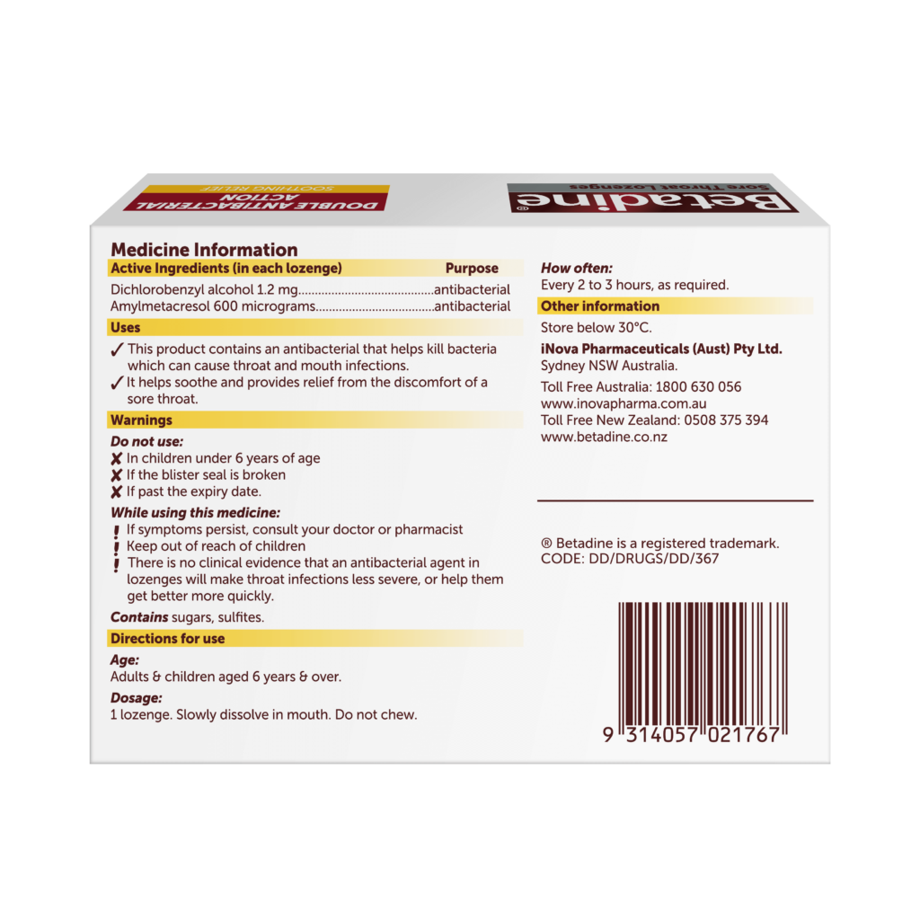 Betadine Sore Throat Lozenges Honey & Lemon 16 Pack