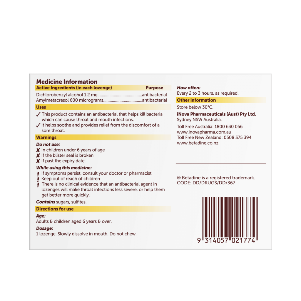 Betadine Sore Throat Lozenges Honey & Lemon 36 Pack