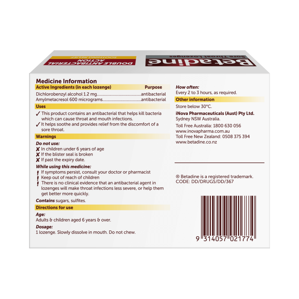 Betadine Sore Throat Lozenges Honey & Lemon 36 Pack