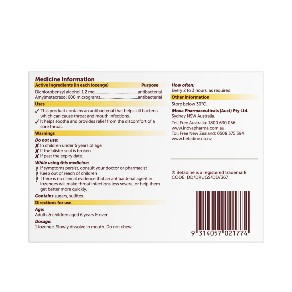 Betadine Sore Throat Lozenges Honey & Lemon 36 Pack