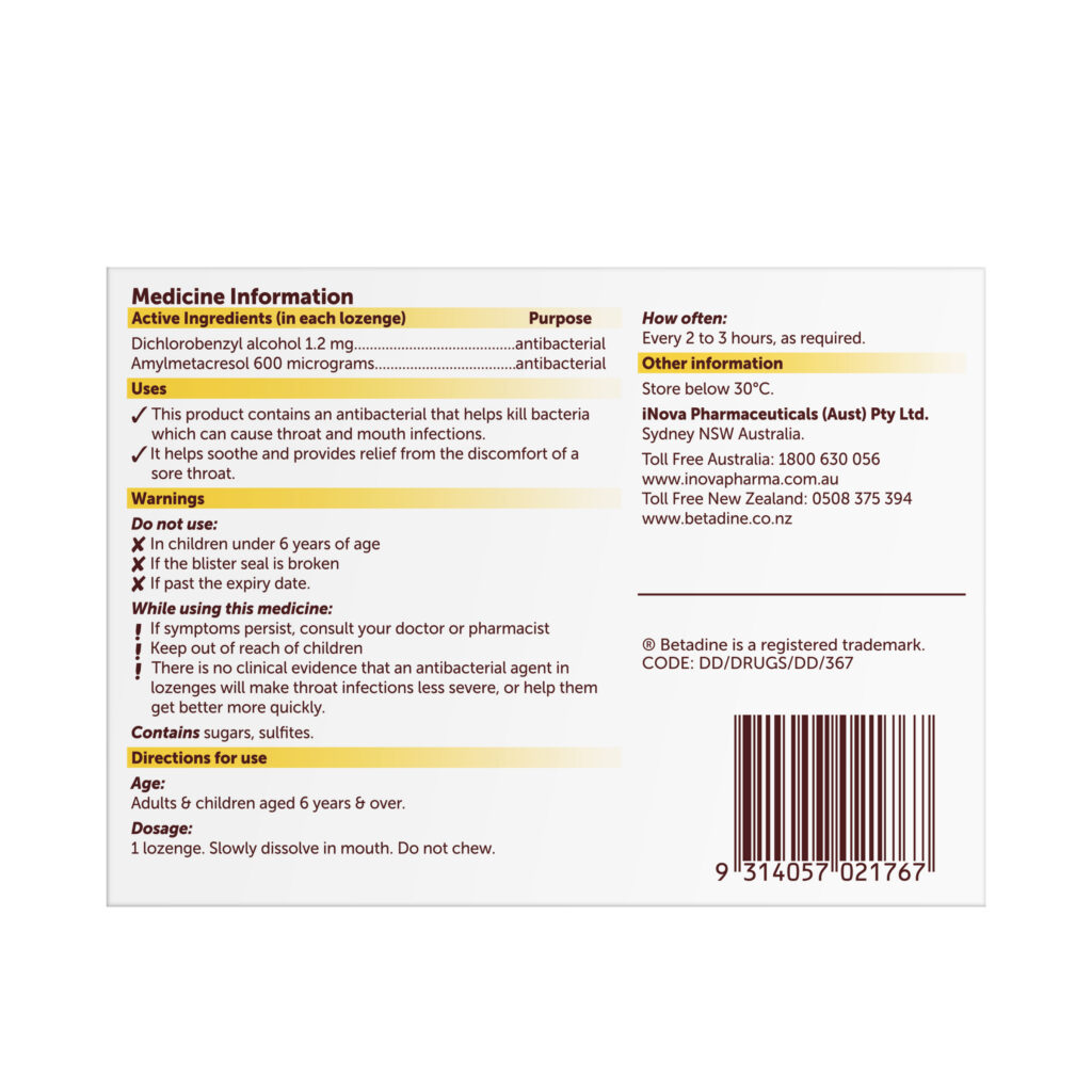Betadine Sore Throat Lozenges Honey & Lemon 16 Pack